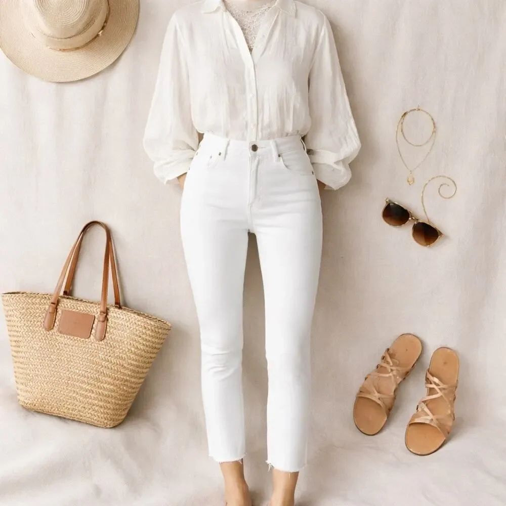 AGOLDE White Cropped Skinny Jeans Raw Hem High Rise Size 25 Minimal Chic